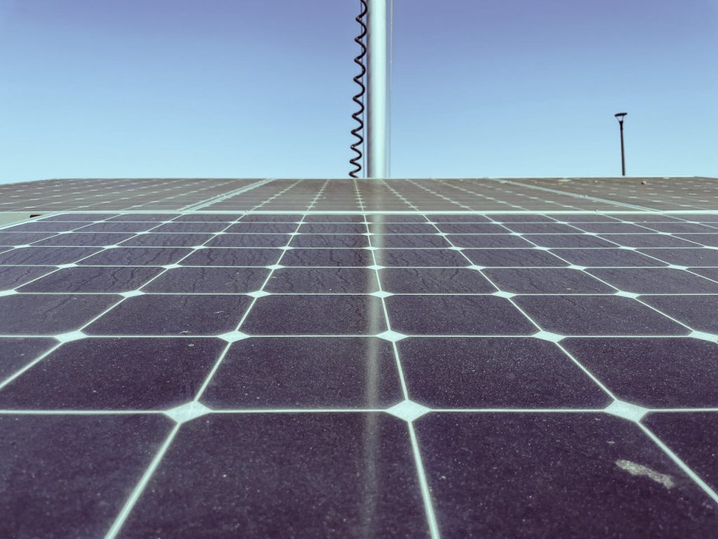 Detailed view of solar panels capturing sunlight, showcasing renewable energy technology.